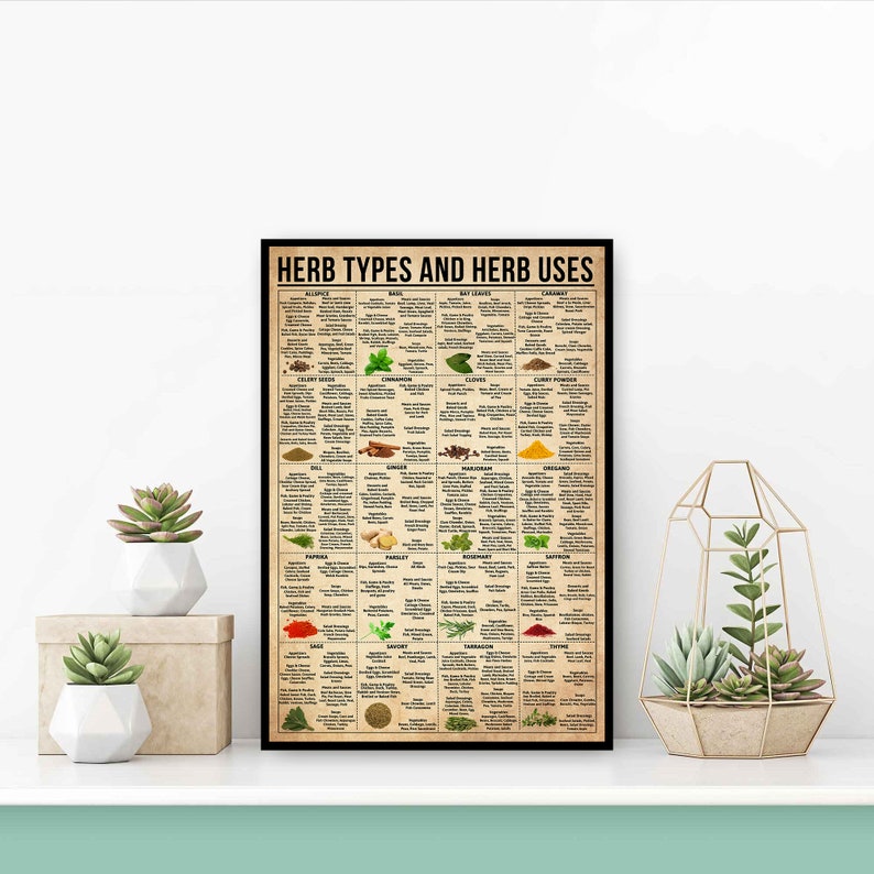 K&ouml;nnte beinhalten: Ein Vintage-Poster mit dem Titel "Kr&auml;uterarten und Kr&auml;uterverwendung". Das Poster zeigt ein Raster mit 25 verschiedenen Kr&auml;utern und Gew&uuml;rzen, wobei unter jedem Bild Name und Verwendung aufgef&uuml;hrt sind. Das Poster ist auf braunem Hintergrund mit schwarzem Text und Rahmen gedruckt.