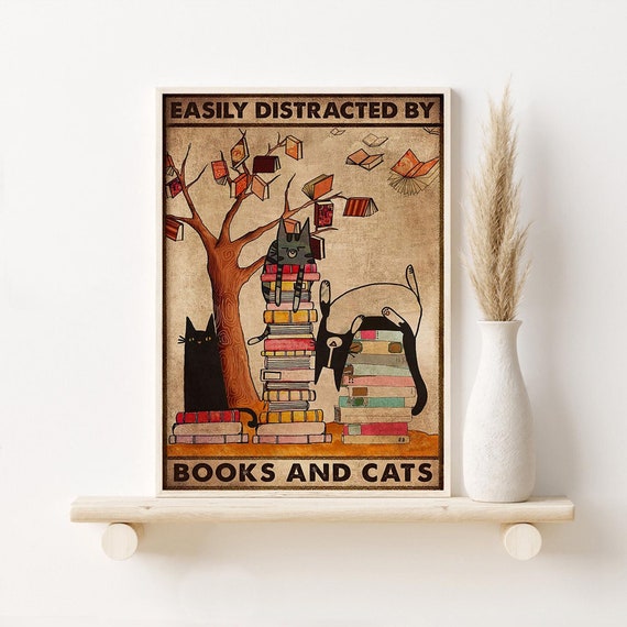 Girl Reading Book With Cat Print, Easily Distracted By Book And Cat Poster, Reading Quote Print, Library Wall Decor, Doodle Literature Print