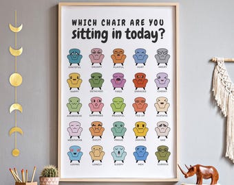 May include: A framed print with the text "WHICH CHAIR ARE YOU sitting in today?" features colorful cartoon chairs, each representing a different emotion. The emotions include grateful, happy, loving, and curious.
