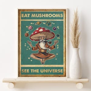Meditation Magic Mushroom Yoga Print, Eat Mushrooms See The Universe Poster, Trippy Vintage Wall Art, Gift For Mushroom Lover