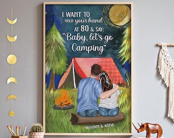 Póster personalizado de pareja acampando, sin marco, con fogata y tienda de campaña, regalo de aventura natural para campistas, decoración para autocaravanas.