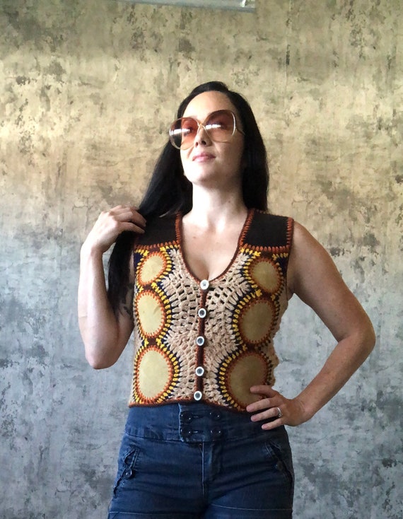 1970s leather patch crochet vest Harpees