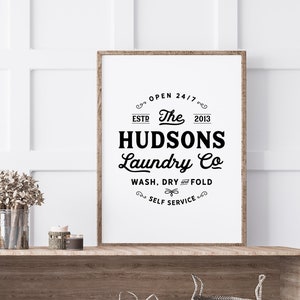 Custom Laundry Room Sign, Modern Farmhouse Laundry Decor, Wash Dry Fold Rustic Wall Decor, Personalized Laundry Co Wall Art, Family Est Sign