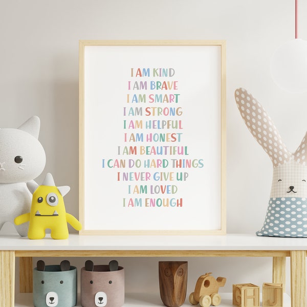 Affirmationen Wandkunst für Kinder, I Am Kind I Am Smart, Regenbogen Kinderzimmer Dekor druckbar, I Am Loved Sign, Playroom Dekor, Kinderzimmer Dekor