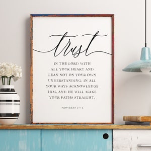 Trust In The Lord With All Your Heart Wall Art, Scripture Sign, Proverbs 3:5-6 Bible Verse Print, Large Wall Art, Inspirational Quotes