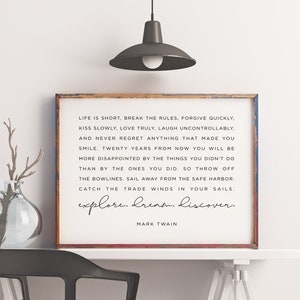 Impressão de citações inspiradoras de Mark Twain, citação de Life Is Short, sinal de exploração de sonhos, decoração de escritório, arte de parede para impressão, citação de aventura