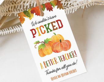 May include: A white gift tag with a fall theme. The tag features the text "We couldn't have PICKED A BETTER TEACHER!" and watercolor pumpkins. The tag is attached to a wooden stick with a string.