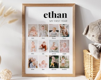 Baby First Year Photo Poster Template, Modern 1st Birthday Photo Collage Sign, Minimalist Year In Pictures Board, 12 Months Photos PF1