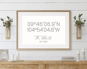 GPS Coordinates Sign, Custom Home Address, Personalized Longitude Latitude Print, Housewarming Gift, Wedding Gifts, Living Room Decor