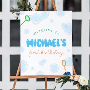 Placa de boas-vindas com bolhas de sabão, decoração para festa de primeiro aniversário de menino com bolhas de sabão, pop-on over, diversão borbulhante, pôster borbulhante BB4