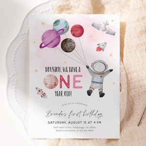 First Trip Around The Sun, Girl Outer Space Birthday Invitation, Houston We Have A One Year Old, Galaxy Pink Planets Rocket Astronaut PN8