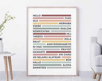 Hello In Different Languages Print, Welcome Entryway Sign, Earth Tone Wall Art, Hello Sign, Aloha Ciao Halo Poster, Large Greetings Sign