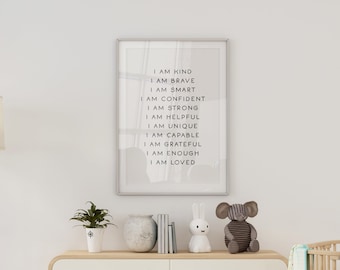 Décoration Murale Toile Bannière Déco Enfant « Je Suis Gentil Je Suis Courageux Je Suis Intelligent » - Arc-en-Ciel 50x91cm Poster Positif Arc-en-ciel