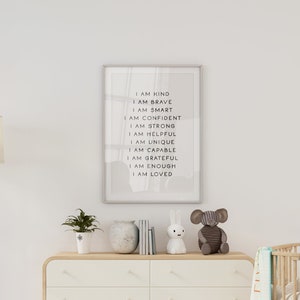 I Am Brave I Am Kind Print, Affirmation Wall Art For Kids, Minimalist Nursery Decor, Positive Affirmations Poster, Modern Playroom Decor