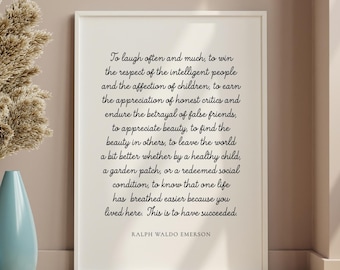 Ralph Waldo Emerson Success Quote, To Laugh Often and Much Printable Wall Art, Inspirational Quote Print, Literary Poster, Office Dorm Decor