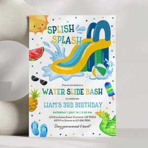 Waterslide Birthday Invitation, Boy Splish Splash Pool Party Bash Invite, Blue Green Water Slide, Summer Backyard Swimming Party WL1