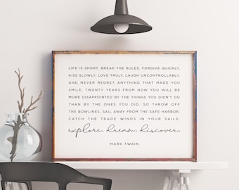 Mark Twain Inspirational Quote Print, Life Is Short Quote, Explore Dream Discover Sign, Office Decor, Printable Wall Art, Adventure Quote