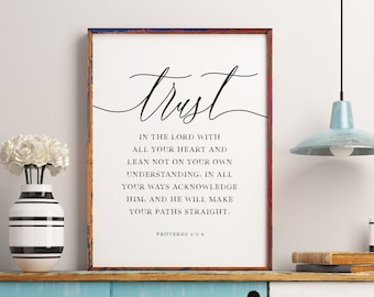 Faites confiance au Seigneur de tout votre coeur, oeuvre d'art murale, signe des Écritures, Proverbes 3:5-6, impression de versets bibliques, grande oeuvre d'art murale, citations inspirantes