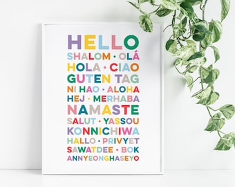 Hello Prints, Hello In Different Languages, Aloha Ciao Halo Ni Hao Poster, Large Wall Art, Colorful Entryway Decor, Living Room Decor