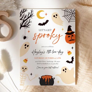 Let&#39;s Get Spooky Girl Halloween Birthday Invitation, Spooktacular Costume Party Invite, Calling All Monsters, Modern Ghost Pumpkin HL5
