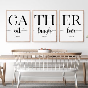 Gather Sign, Eat Well Laugh Often Love Much Kitchen Wall Art, Farmhouse Dining Room Decor, Modern Kitchen Prints, Set Of 3 Wall Arts