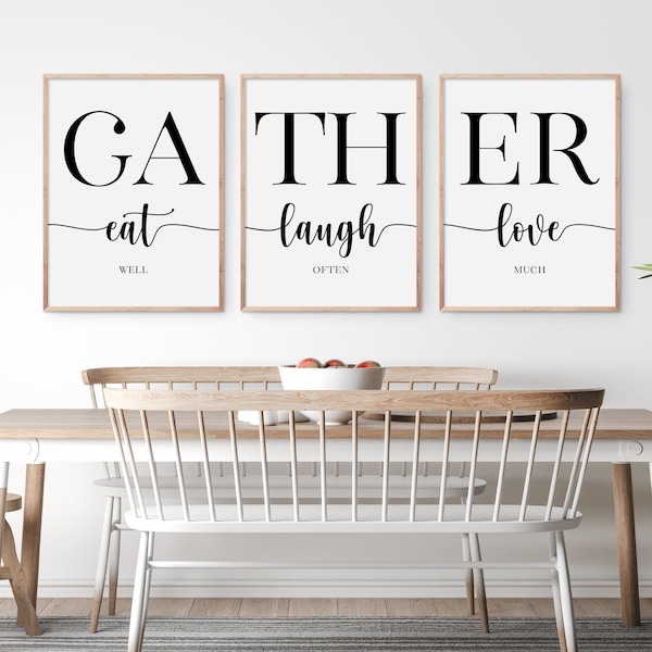 Gather Sign, Eat Well Laugh Often Love Much Kitchen Wall Art, Farmhouse Dining Room Decor, Modern Kitchen Prints, Set Of 3 Wall Arts