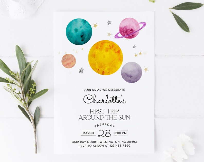 Outer Space Girl First Birthday Invitation Modern First Trip Around the Sun Galaxy Blast Off Invite Gold Pink Planets Stars