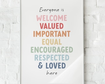 Everyone Is Welcome Here Print, Rainbow Classroom Decor, Colorful Diversity Inclusion Poster, Kindness Quality Sign, Kids Wall Art EL2