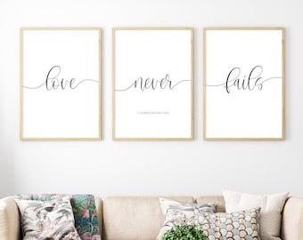 Love Never Fails Sign, 1 Corinthians 13:8 Bible Printable Art, Love Quote Prints Bedroom Decor, Christian Wall Art Printable, Scripture Sign