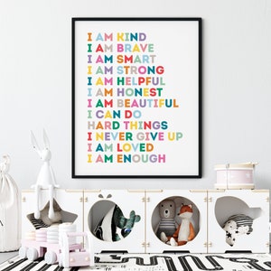 Kid Affirmations, I Am Kind I Am Enough, Colorful Wall Art, Printable Nursery Decor, Affirmation Wall Art, Playroom Decor, Kids Bedroom Sign