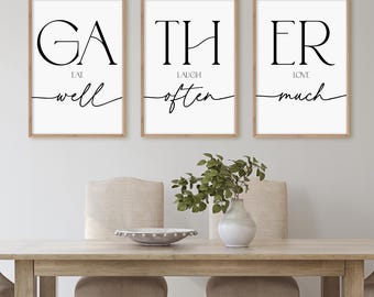 Gather Eat Well Laugh Often Love Much Dining Room Decor, Modern Kitchen Wall Arts, Gather Sign, Set Of 3 Inspirational Posters, Family Quote
