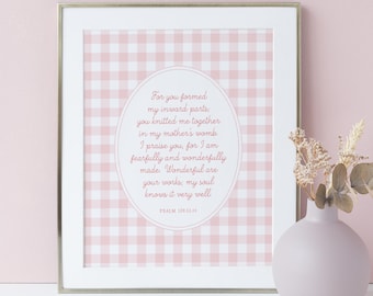 Psalm 139 Vintage Nursery Print, I Am Fearfully And Wonderfully Made Baby Girl Room Decor, Farmhouse Pink Gingham Bible Verse Poster