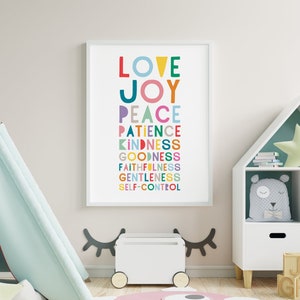 Love Joy Peace Patience Nursery Sign, Fruit Of The Spirit Bible Verse Wall Art, Colorful Nursery Decor, Inspirational Quote, Poster For Kids