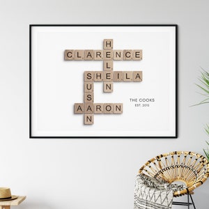 Arte de pared con crucigramas familiares personalizados, letrero con nombres de familia, árbol genealógico personalizado, póster con letras de madera, regalos de inauguración de la casa