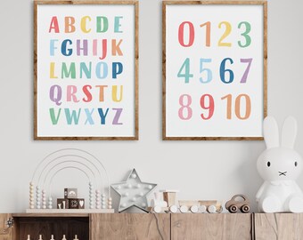 Rainbow Alphabet Print, Colorful ABC Numbers Posters, Educational Wall Arts, Classroom Decor, Modern Nursery, Homeschool Printable 7SF