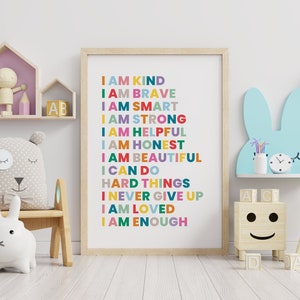 Kid Affirmations, I Am Kind I Am Enough, Colorful Wall Art, Printable Nursery Decor, Affirmation Wall Art, Playroom Decor, Kids Bedroom Sign