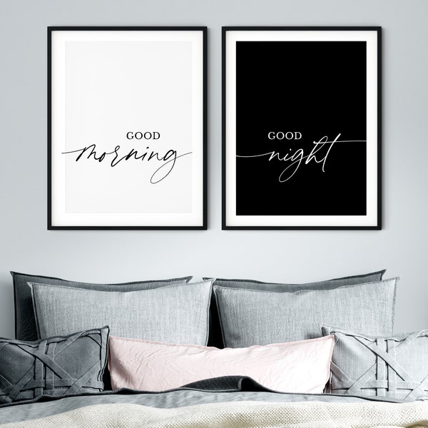 Good Morning Good Night Wall Decor, Bedroom Print Set, Set Of 2 Couple Wall Arts, Above Bed Signs, Modern Minimalist Print, Kids Room Decor