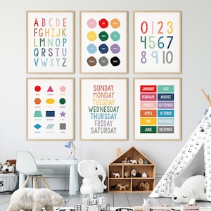 Decoración del aula del arco iris, conjunto de 6 impresiones educativas, alfabeto colorido, formas de números días de la semana, carteles de aprendizaje, decoración de guardería