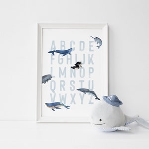 Ocean Alphabet Print, Whale Narwhal Orca Alphabet Poster, Nautical Nursery Decor, Under The Sea ABC Sign, Beach Nursery Sign, Kid Bedroom