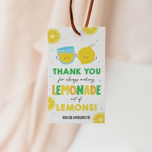 Etiqueta de regalo de agradecimiento de limón editable, limonada con limones, regalo de agradecimiento para maestros, agradecimiento para empleados voluntarios de la PTO de la escuela