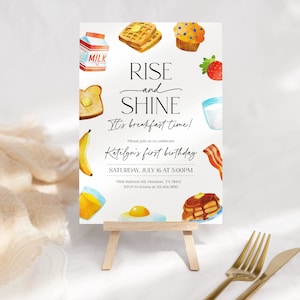 Breakfast Birthday Invitation, Rise & Shine Baby First Birthday Invite, Eggs Bacon Pancakes Pajamas Brunch Invite, Kids Slumber Party BF4