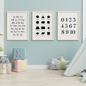 Modern Alphabet Poster, Educational Wall Arts, Monochrome Nursery Decor, Numbers Shapes Print, Classroom Decor, Minimalist ABC Poster