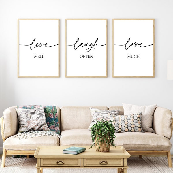 Live Well Laugh Often Love Much Inspirational Quotes, Living Room Decor, Live Laugh Love Wall Art, Set Of 3 Prints, Motivational Signs