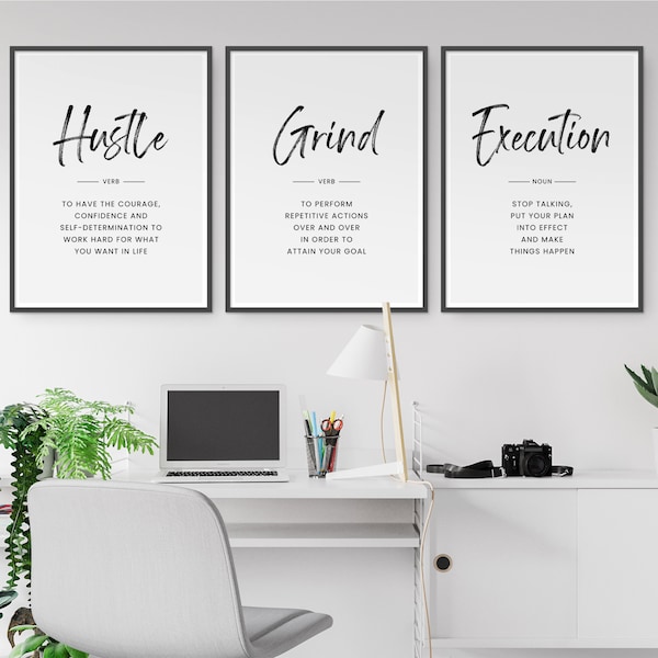 Hustle Grind Execution Print, Büro Dekor, Motivierende Poster, 3er Set Drucke, Unternehmer Wandkunst, Hustle Definition, Büroschilder