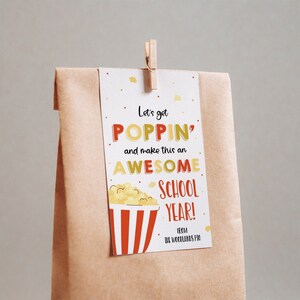 Let&#39;s Get Poppin&#39; Back To School Popcorn Favor Tag, First Day Of School Pop By Gift Tags, Teacher Classroom Students Welcome School PTO PTA
