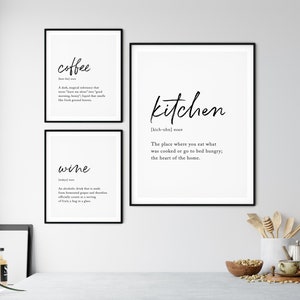 Funny Kitchen Signs, Kitchen Definition Print, Set Of 3 Wall Arts, Coffee Lover Gifts, Kitchen Wine Decor, Wine Quote Print, Modern Kitchen