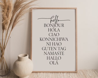 Hello In Different Languages Sign, Welcome Poster, Modern Educational Print, Hola Ciao Bonjour Entryway Typography Wall Art, Office Decor