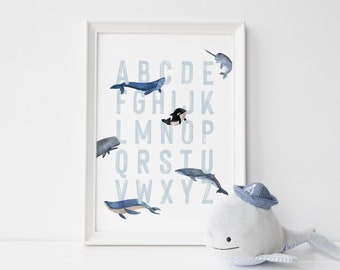 Ocean Alphabet Print, Wal Narwhal Orca Alphabet Poster, Maritimes Kinderzimmer Dekor, Unter dem Meer ABC Schild, Strand Kinderzimmer Schild, Kinderzimmer