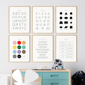 Minimalist Alphabet Posters, Educational Prints Set, Numbers Shapes Days Of The Weeks Print, Monochrome Nursery Wall Art, Classroom Decor