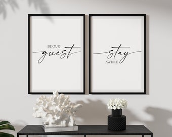 Be Our Guest Stay Awhile Printable Signs, Guest Room Wall Art, Bedroom Prints Set Of 2, Minimalist Guest Bedroom Decor, Modern Farmhouse